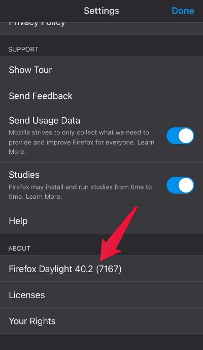 About Firefox menu in iPhone