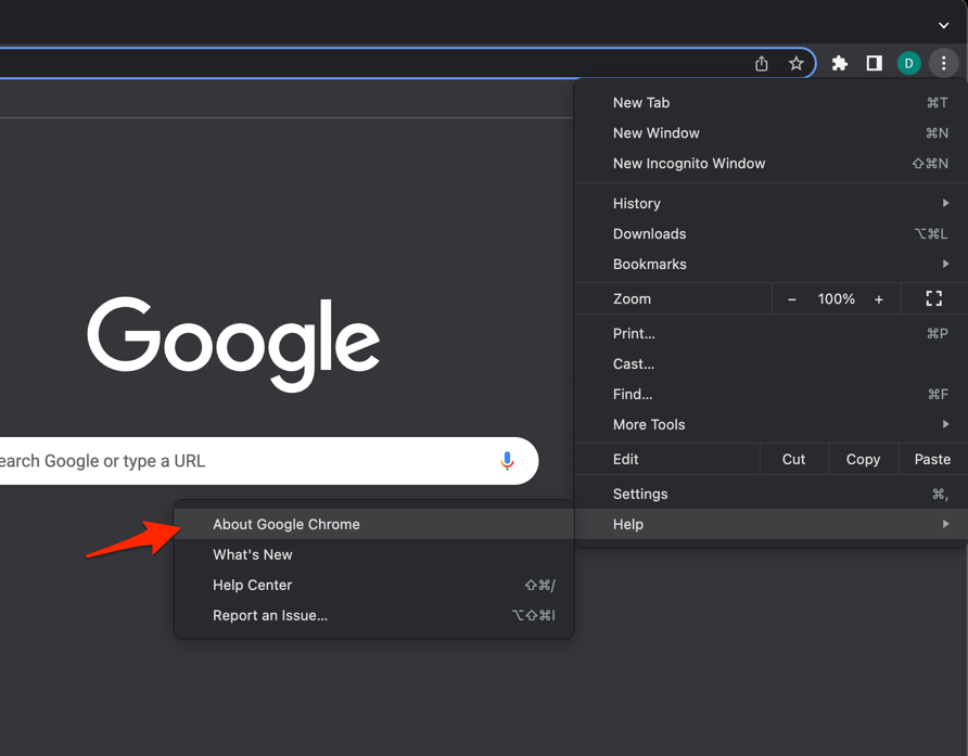 About Google Chrome menu in Chrome browser on Computer