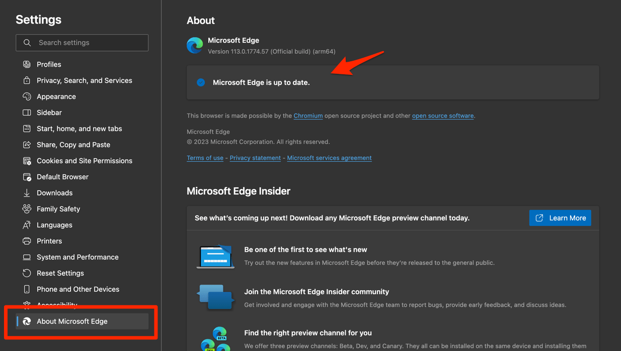 About Microsoft Edge Settings page for Edge Update