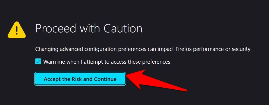 Accept Risk and Continue Firefox Configuration page