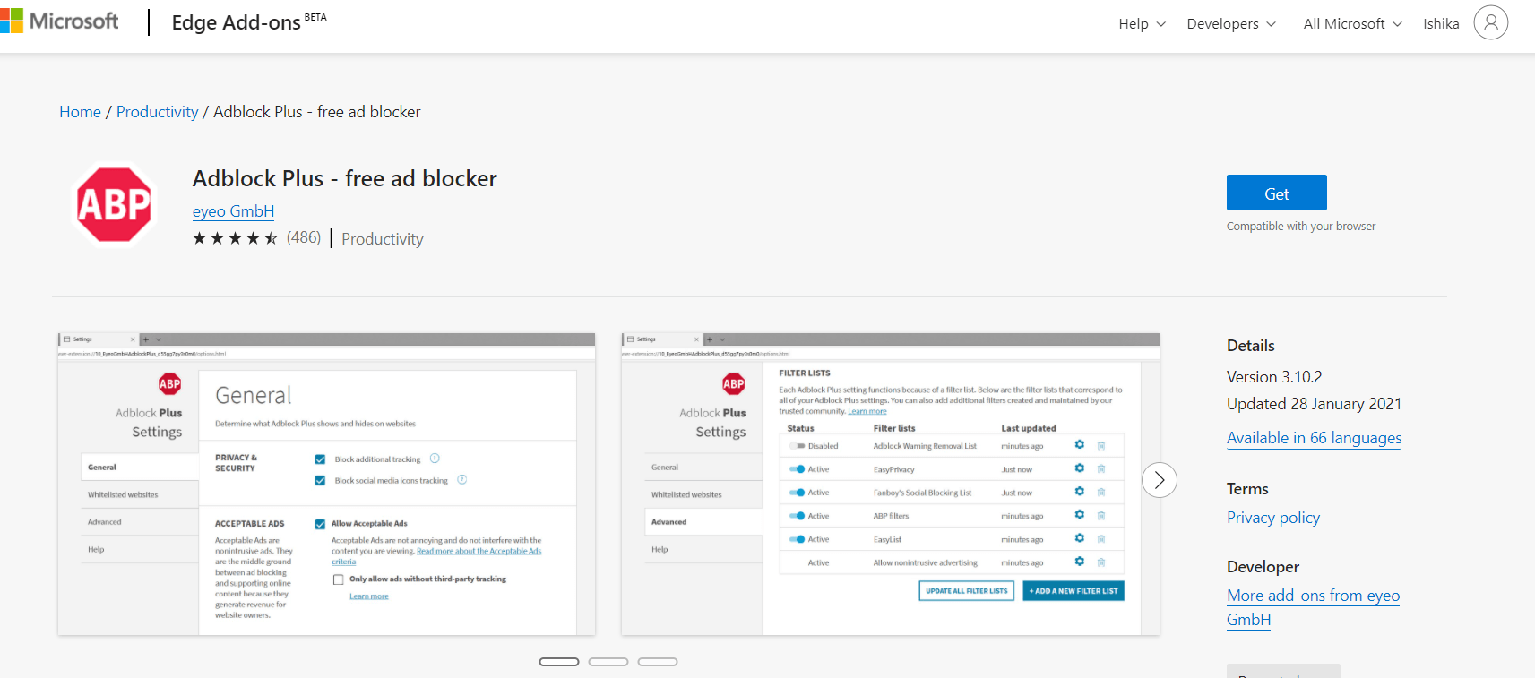 AdBlock Plus Microsoft Edge Add-on