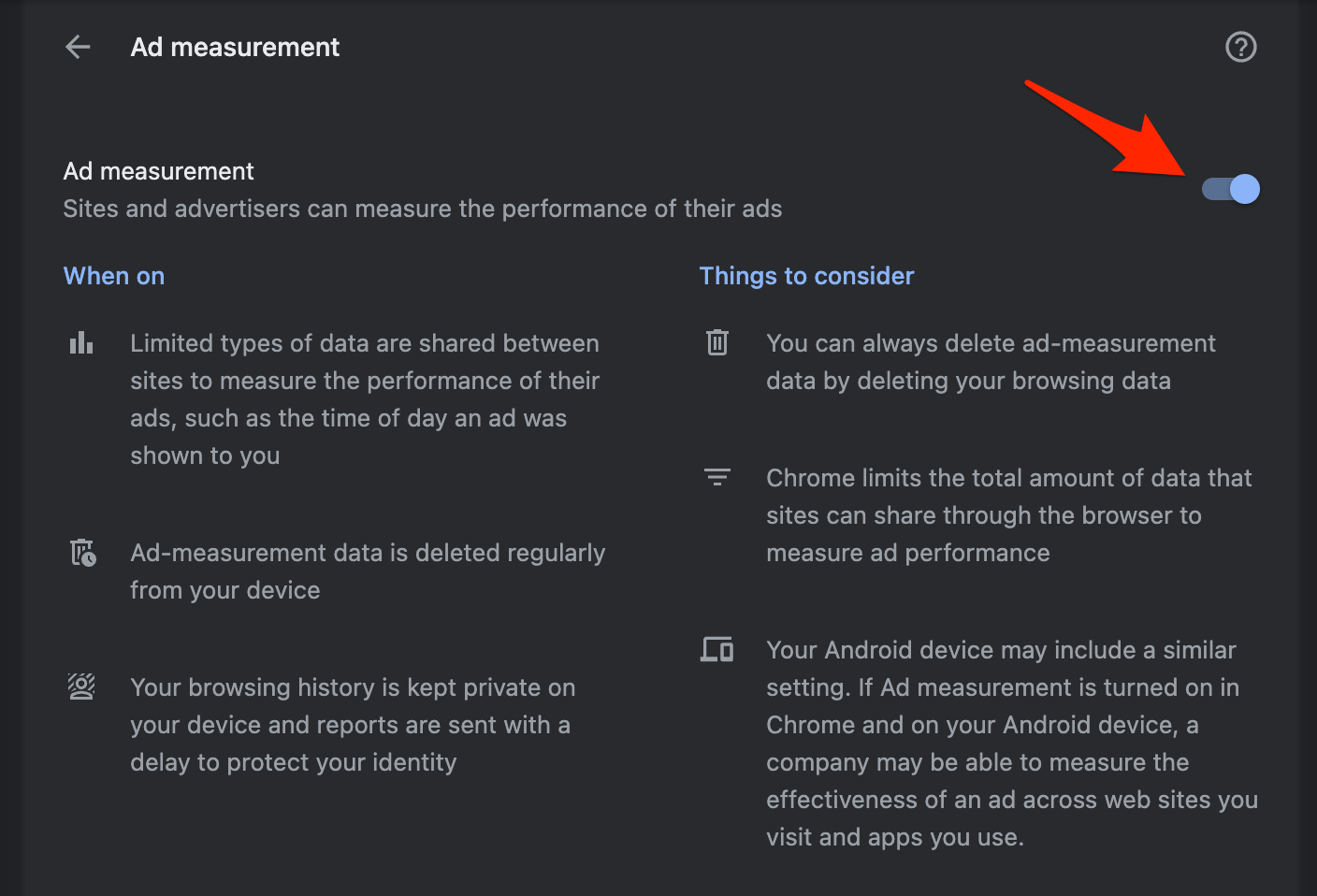 Ad measurement settings in Chrome browser on computer