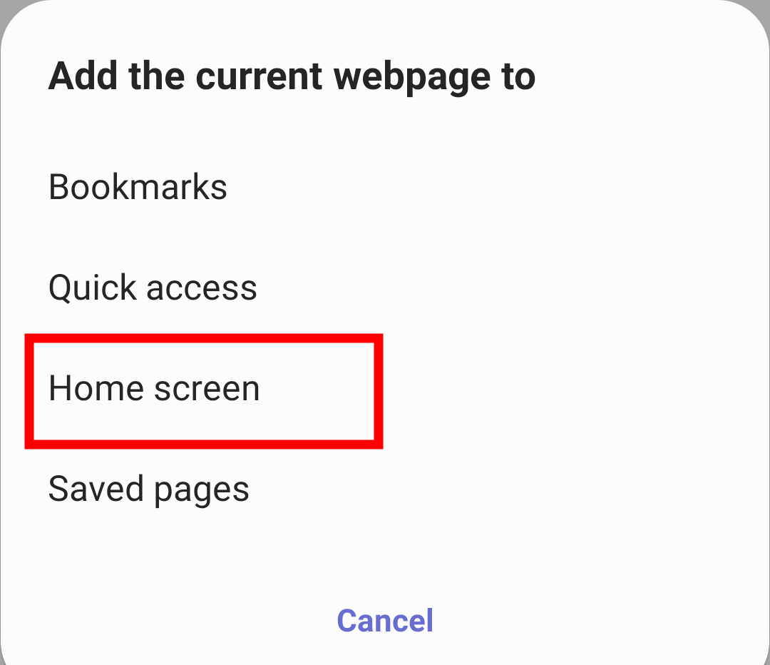 Add Current Webpage to Home Screen in Samsung Internet