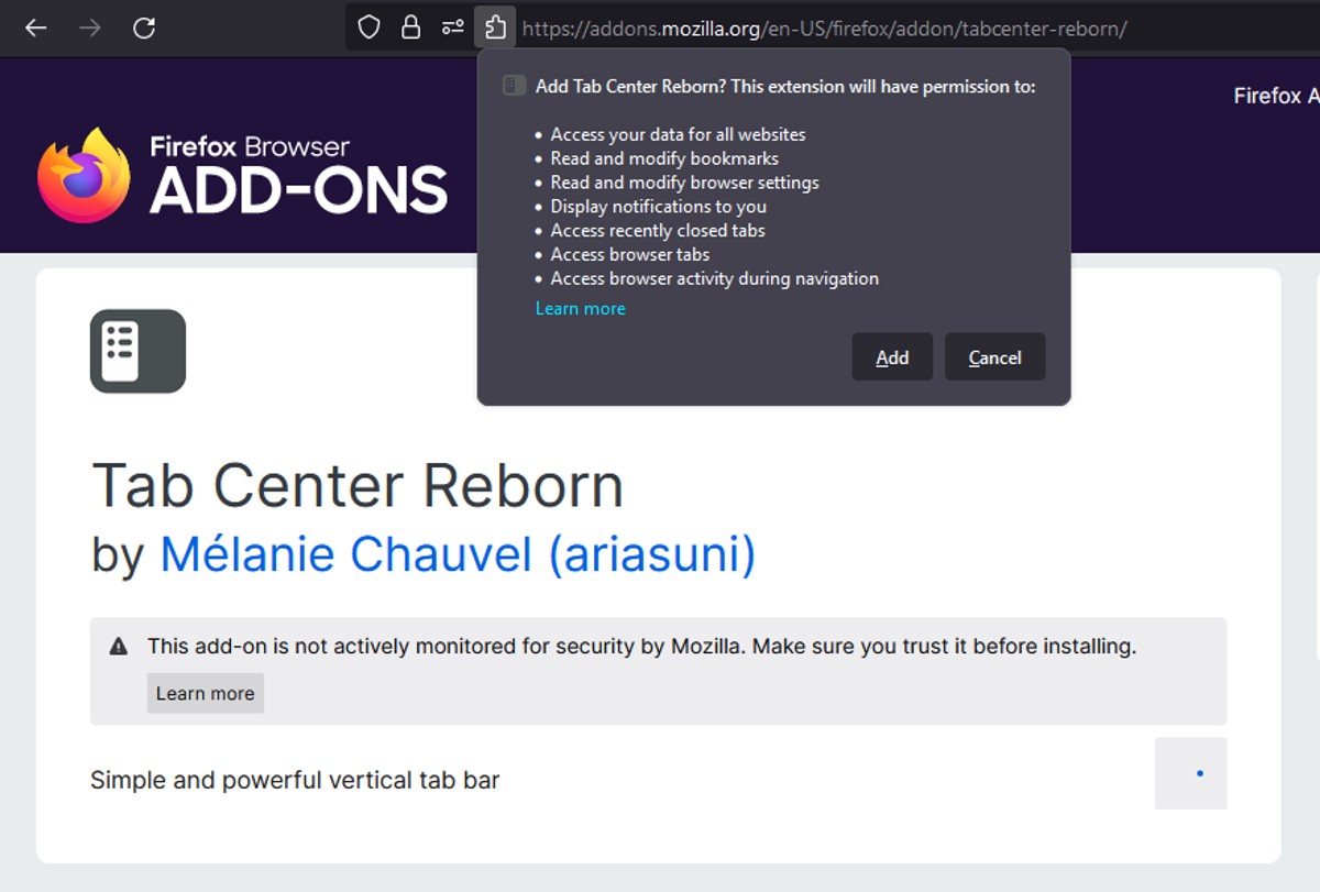 Add Firefox Add-on Tab Center Reborn