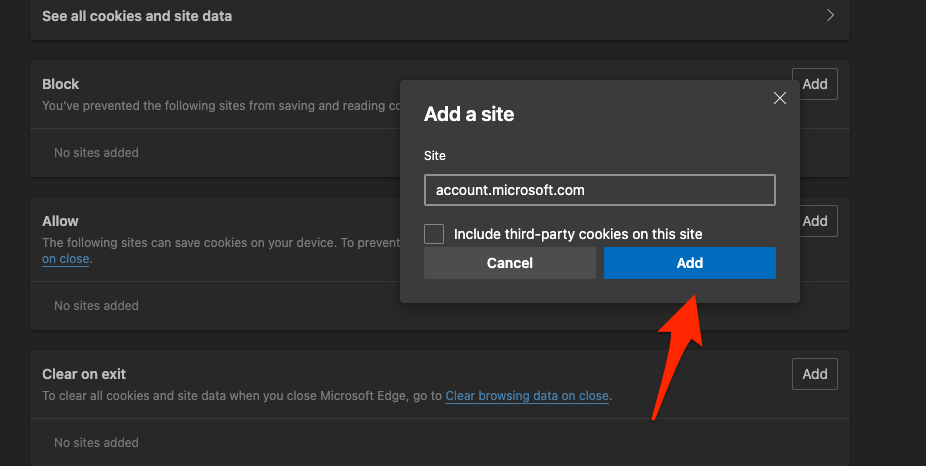 Add a site to allow cookies on Edge browser