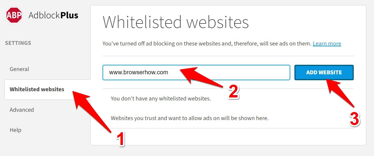 Add site URL to Whitelisted Websites on AdBlock Plus