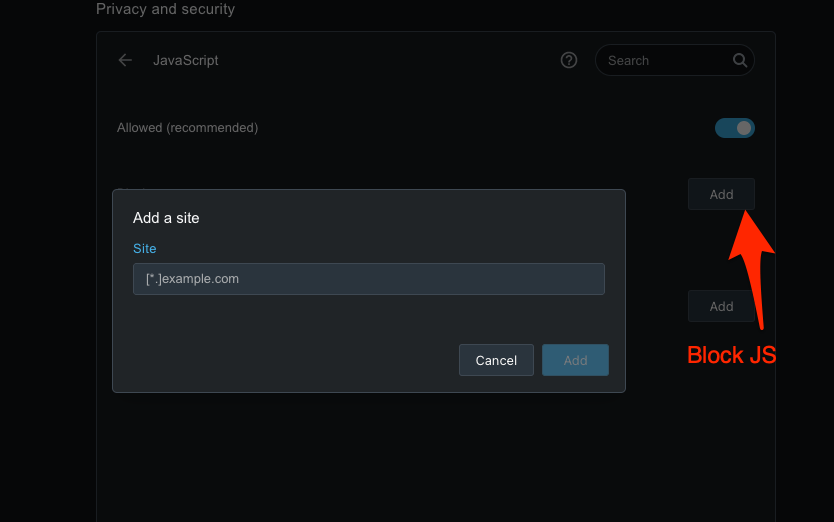 Add Site URL to Block the JavaScript on Opera