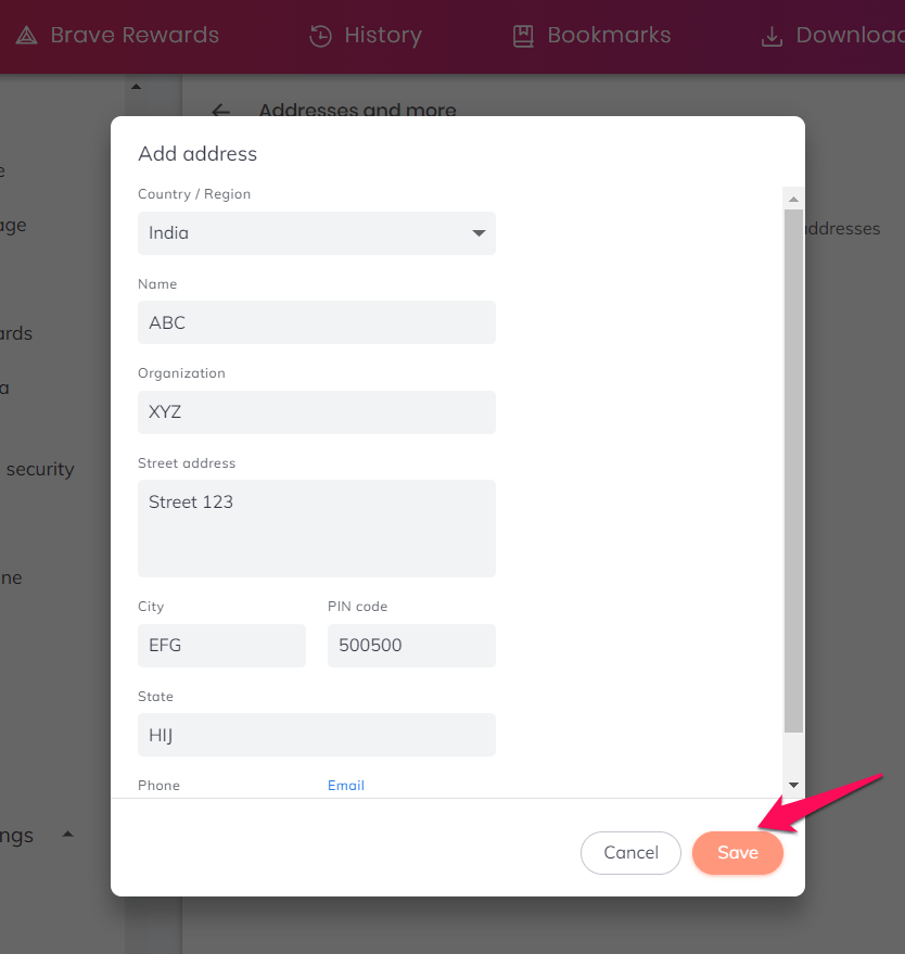Add address window with details field in Brave browser