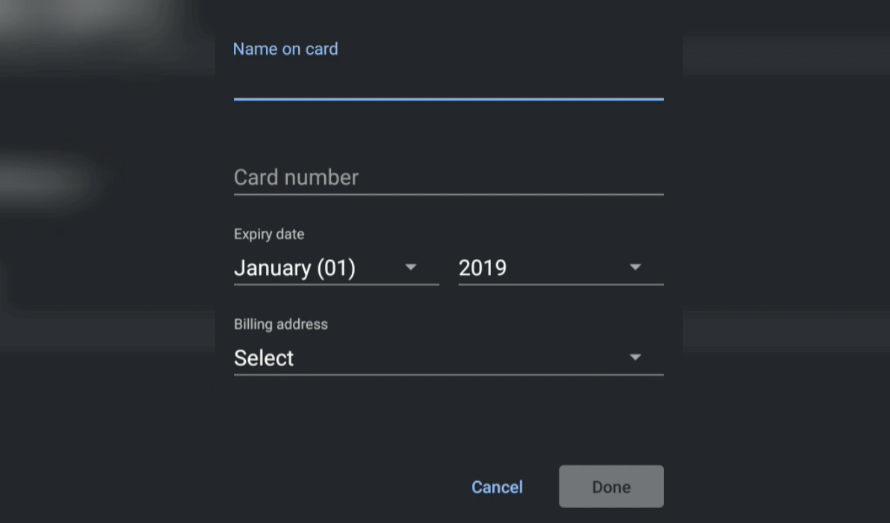 Add card details in Chrome Android