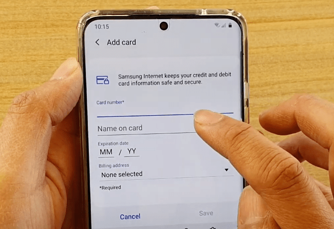 Add credit card details to Samsung Internet