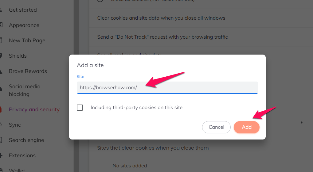 Add site URL to Allow Cookies on Brave browser