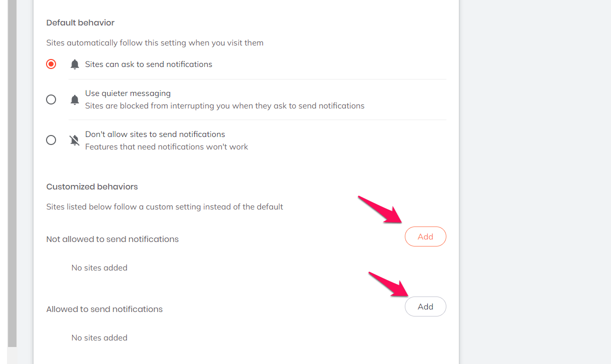 Add sites to allow and disallow notifications in Brave