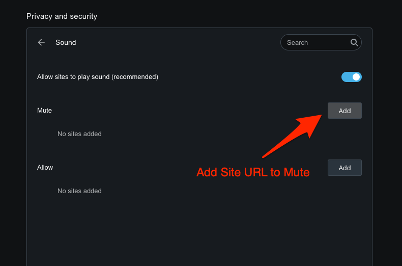 Add the Site URL to Mute section to Disable the Sound on Opera