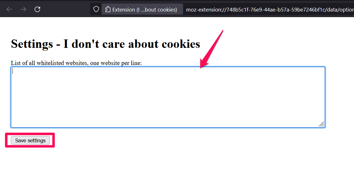 Add the website list to be whitelisted for cookies on Firefox