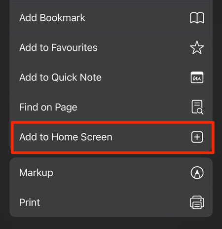 Add to Home Screen option on Safari for iPhone