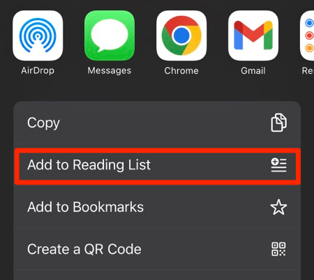 Add to Reading List menu in Chrome iPhone