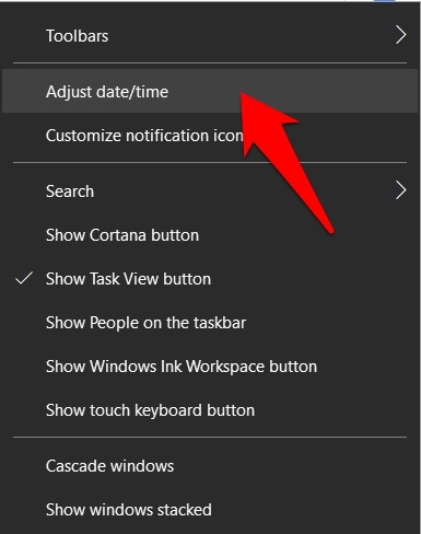 Adjust Date and Time Option in Windows OS