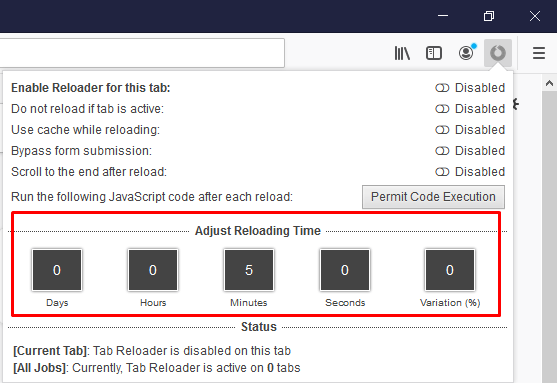Adjust Reloading Tab in Tab Reloader Firefox extension