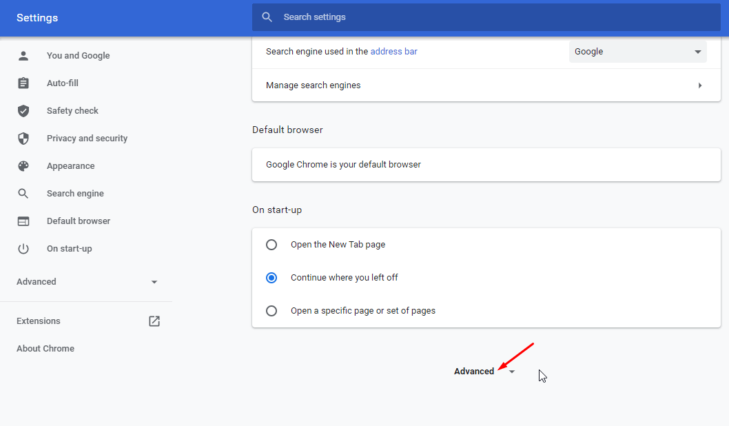 Advanced Settings menu in Chrome Computer