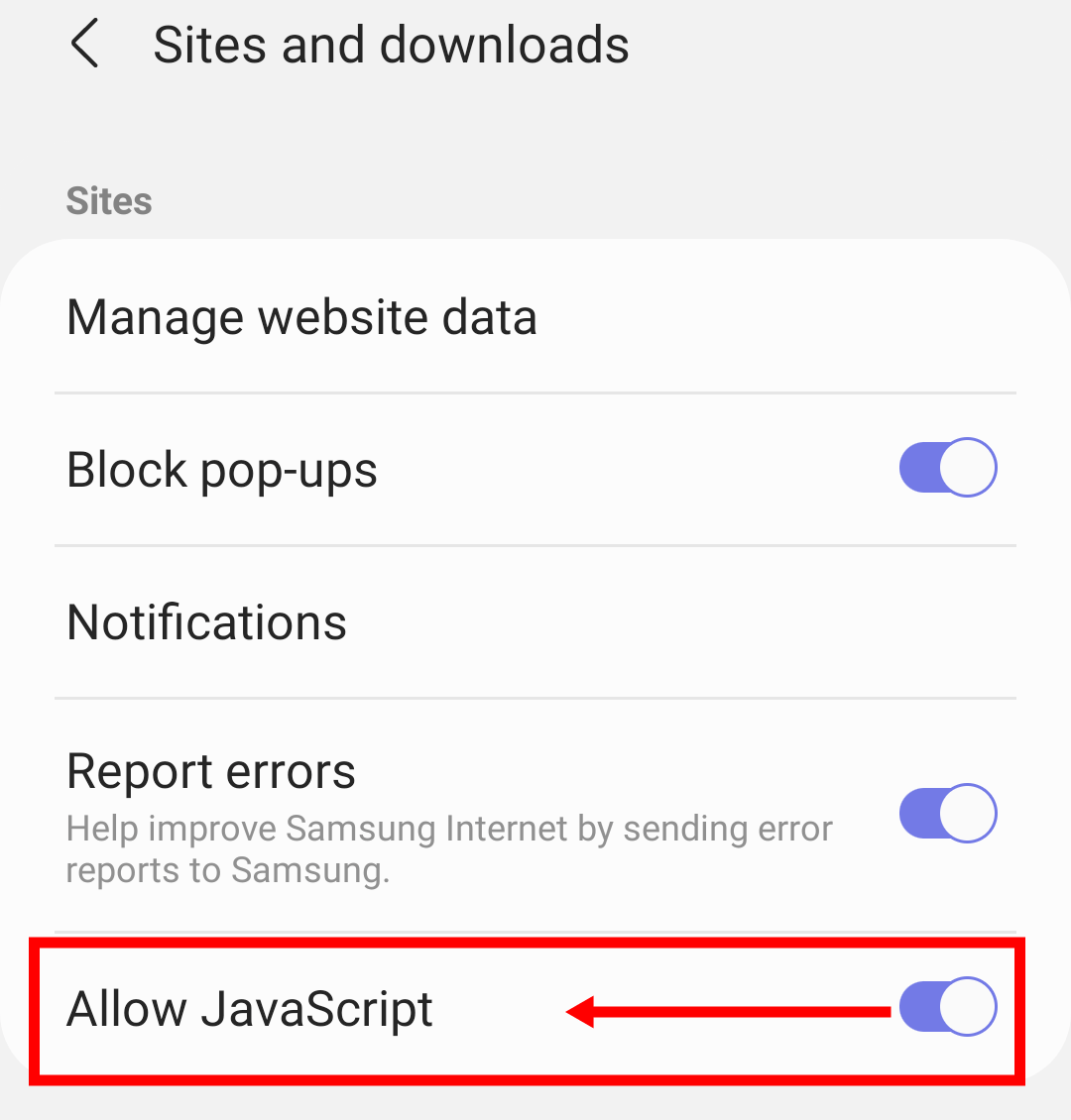 Allow JavaScript execution on Samsung Internet