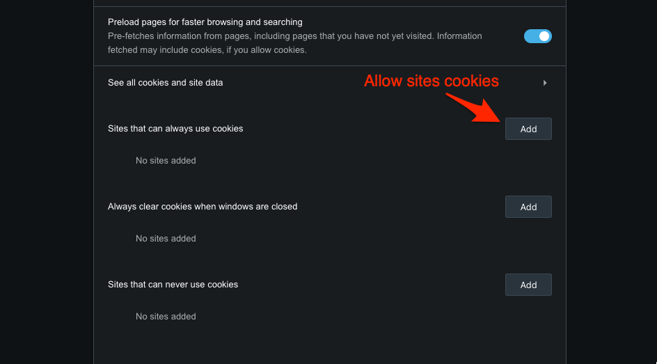 Allow Cookies Settings for specific website on Opera browser