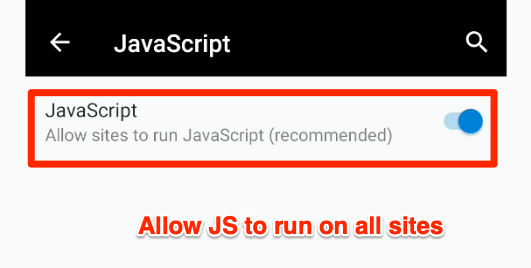 Allow JS to run on all sites Edge Android