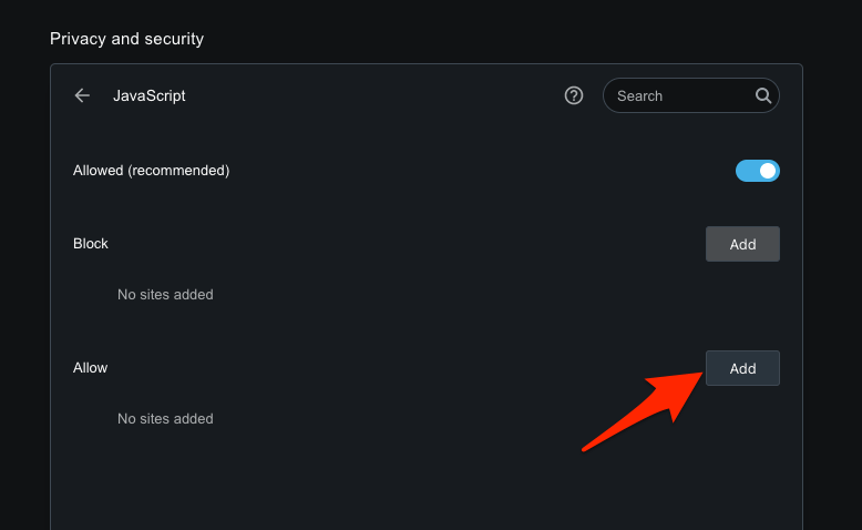 Allow specific site for JavaScript in Opera browser