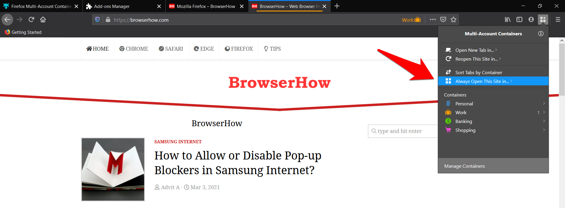Always Open This site in Firefox containers