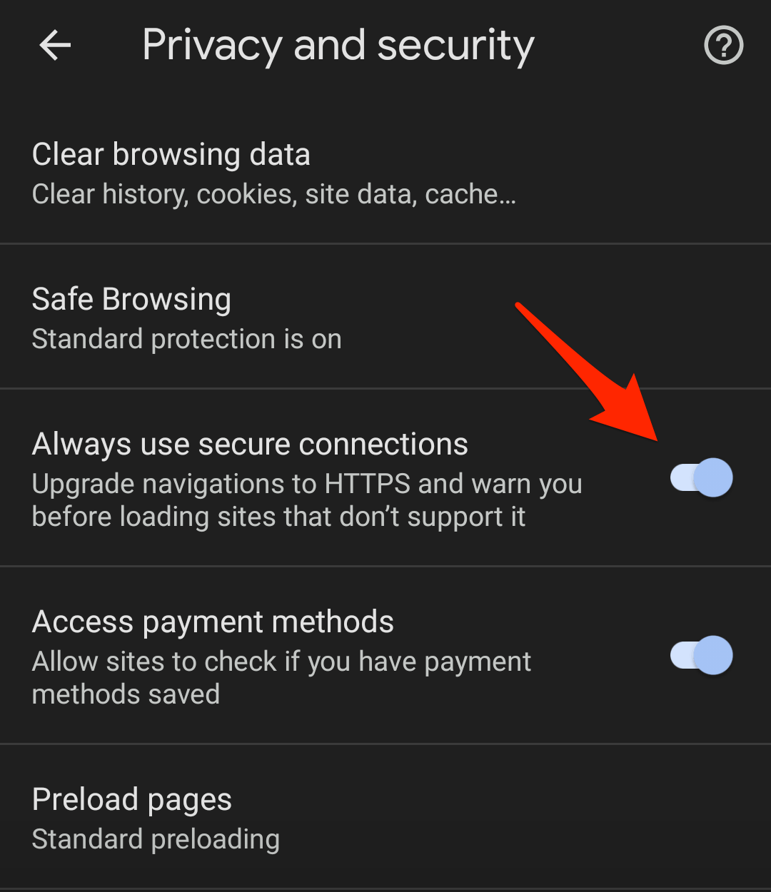 Always use secure connections turned ON in Chrome Android