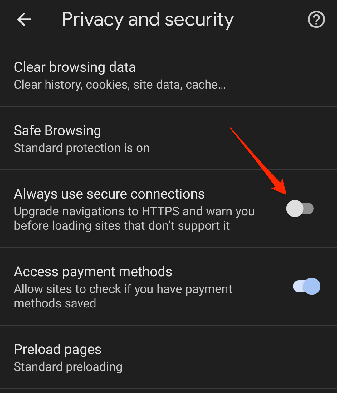 Always use secure connections turned off in Chrome Android
