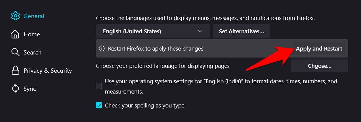 Apply and Restart Firefox to Change Language