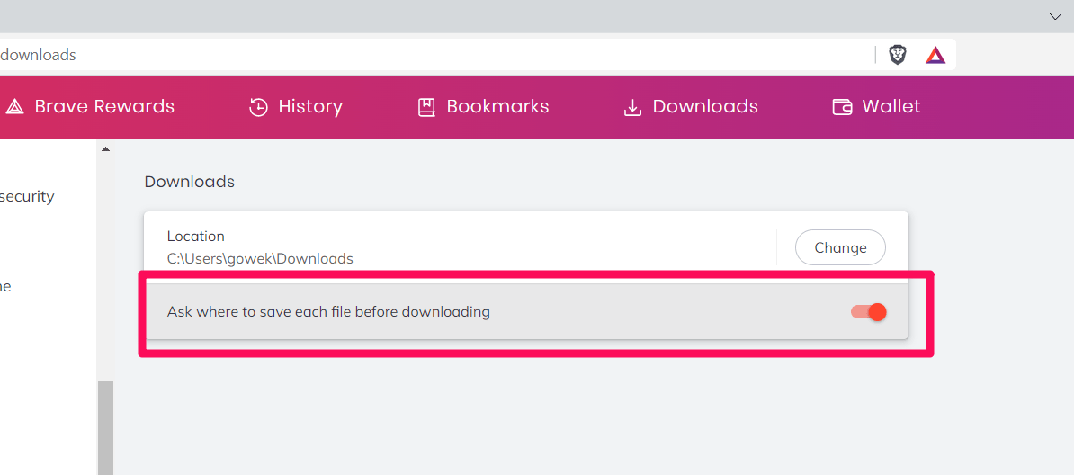 Ask where to save each file before downloading toggle button in Brave Computer browser