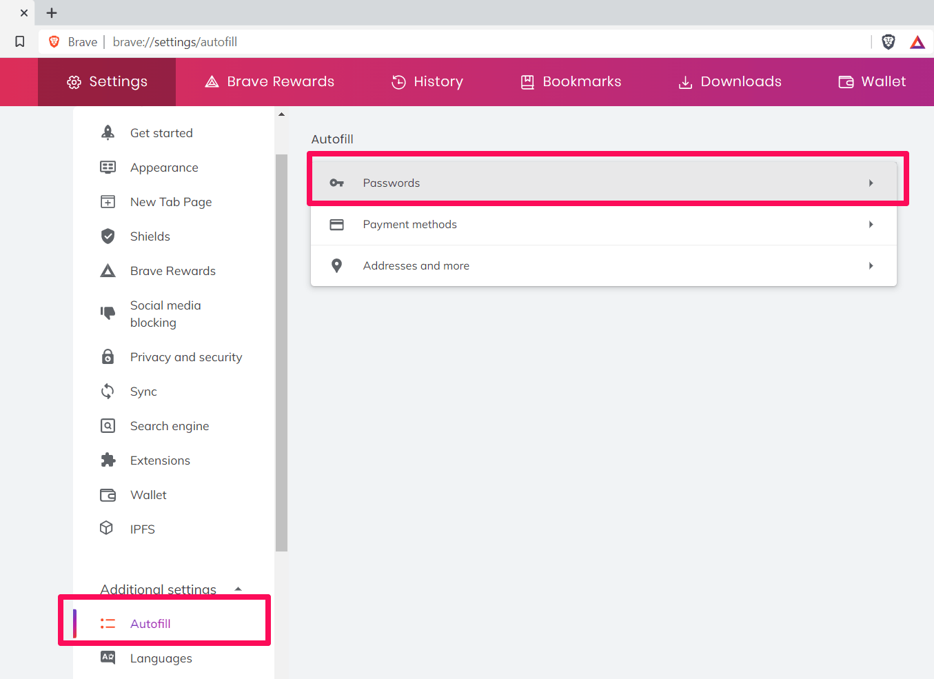 Autofill Passwords tab in Brave browser