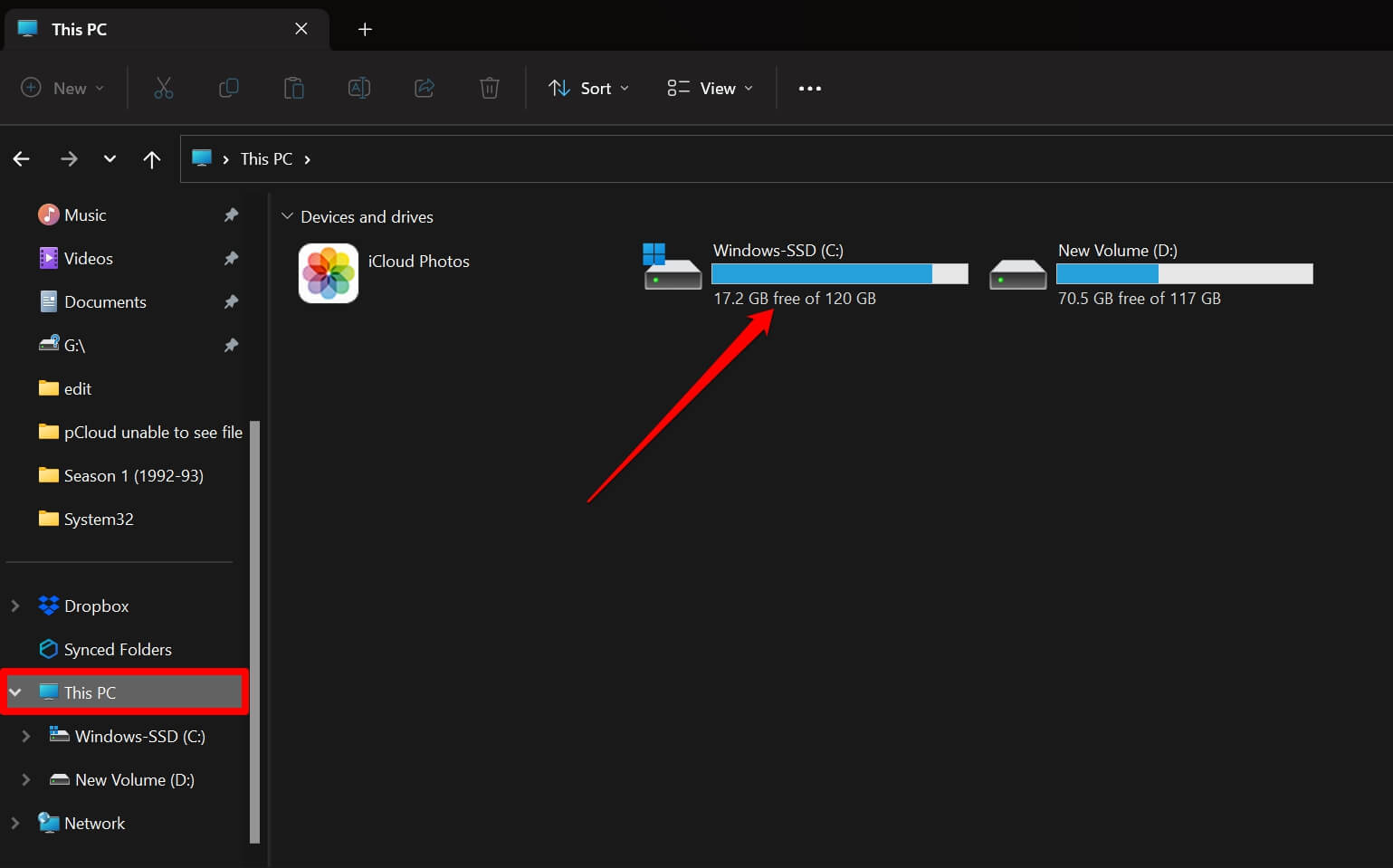 Available Free Space in Drive on Windows File Explorer