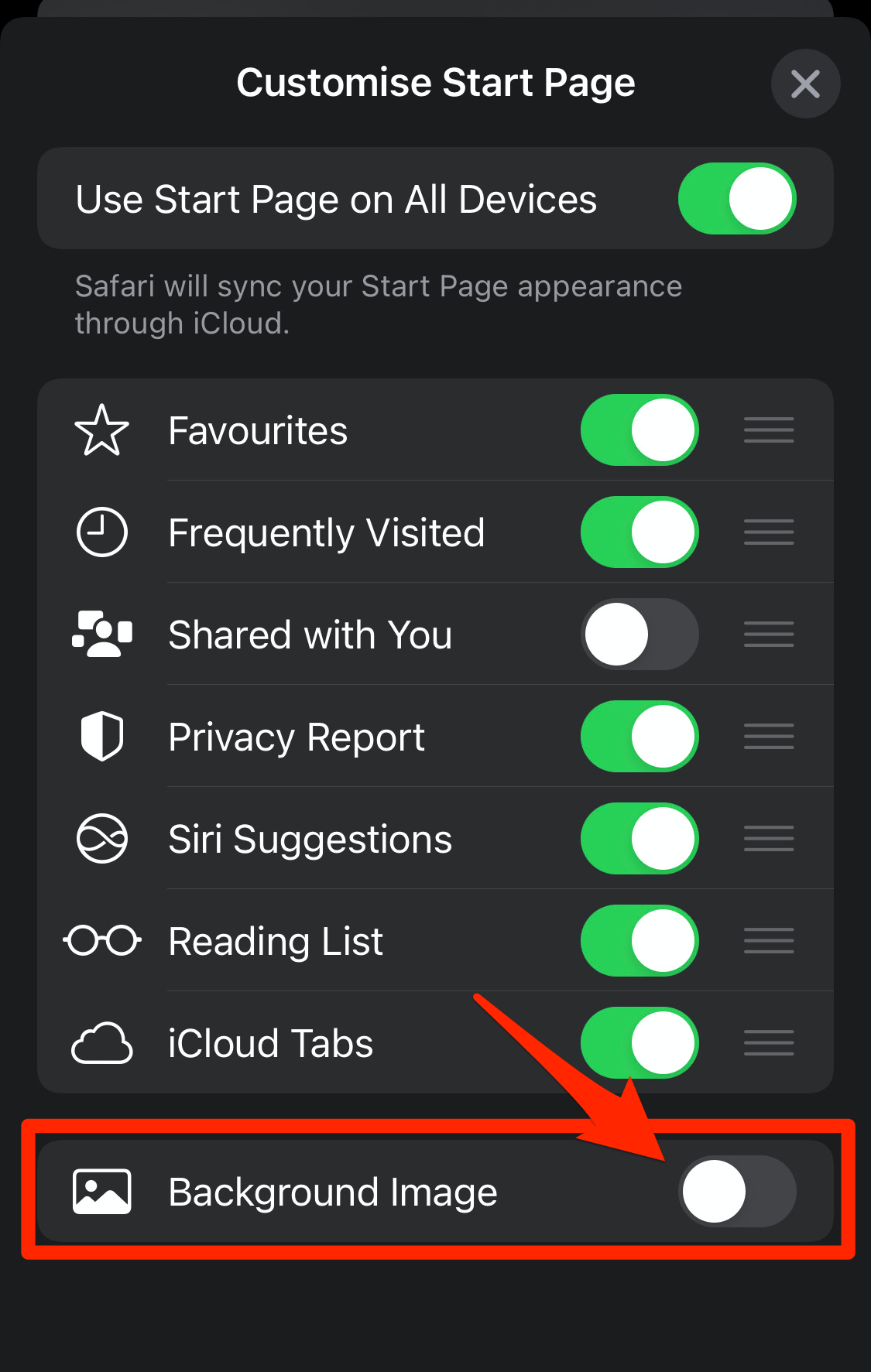 Background Image Toggle button in Customize Start Page on Safari iPhone