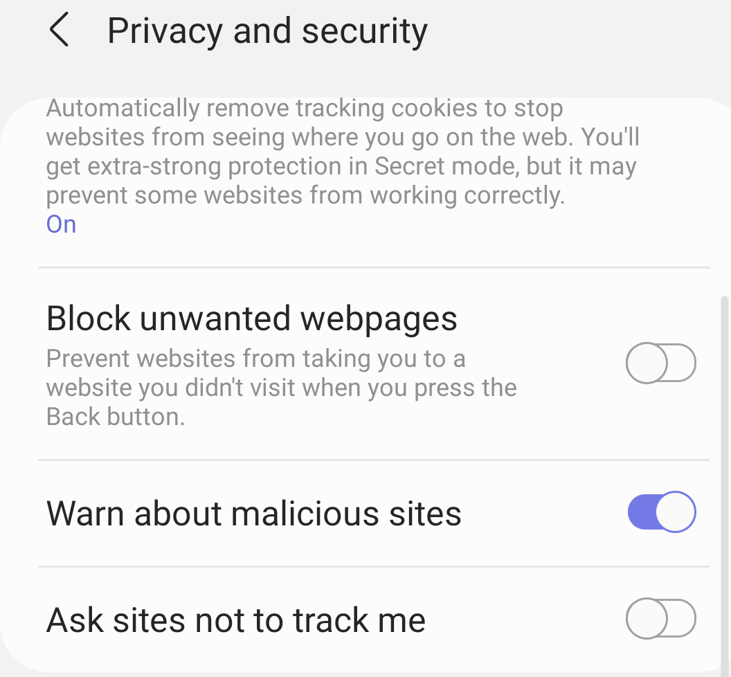 Block unwanted pages and warn malicious sites on Samsung internet