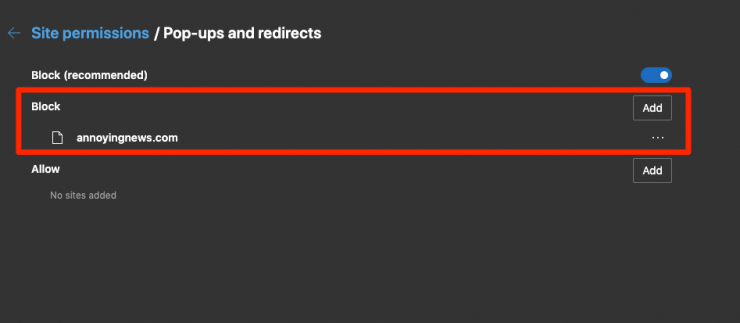 How to Allow or Block Pop-ups and Redirects in Edge on the Desktop