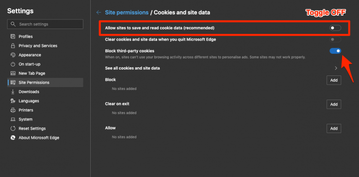 How to Allow or Block browser Cookies in Edge on the PC