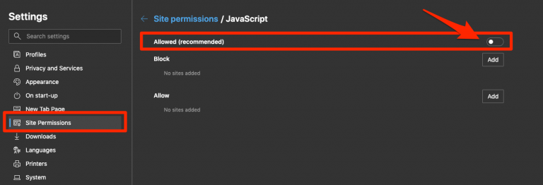 How to Allow or Block JavaScript execution in Edge on the Computer
