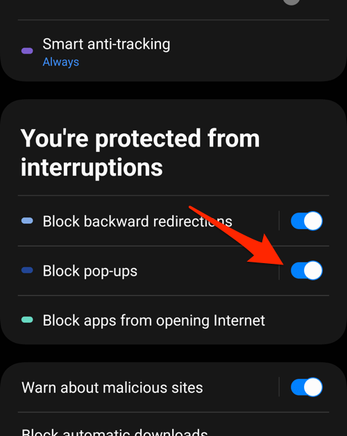 Block Pop-ups toggle button in Samsung Internet