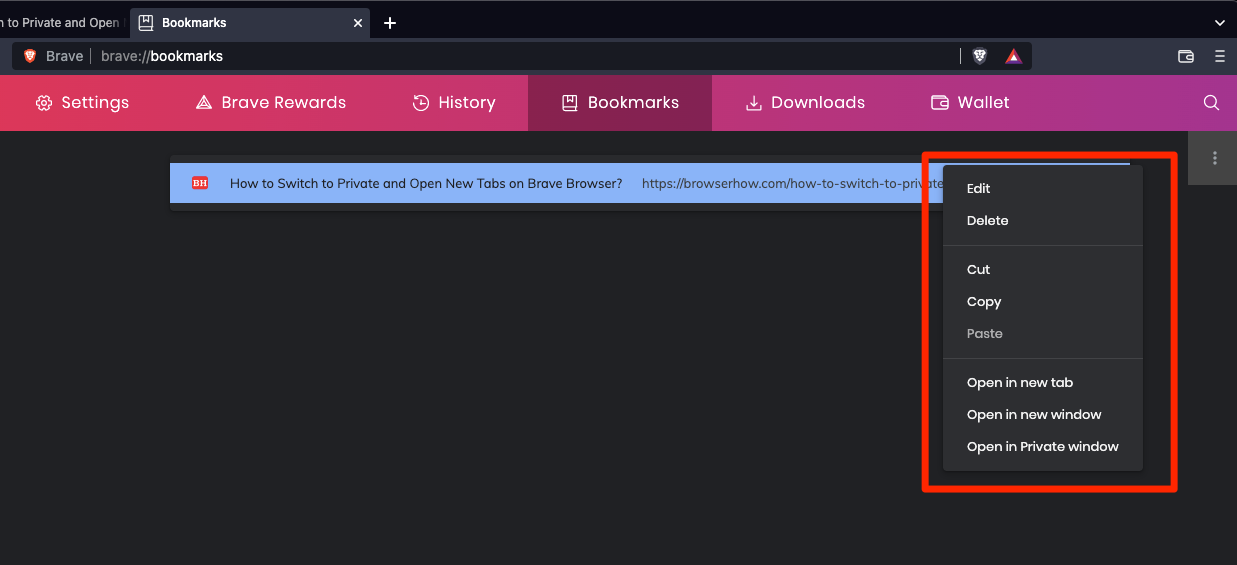 Brave Bookmarks Manager Context Menu for Saved Bookmark