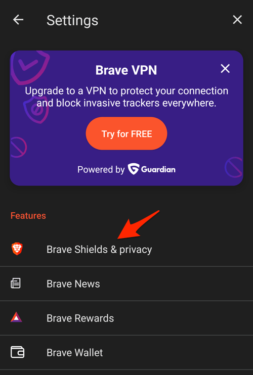 Brave Shields and Privacy settings menu on Android