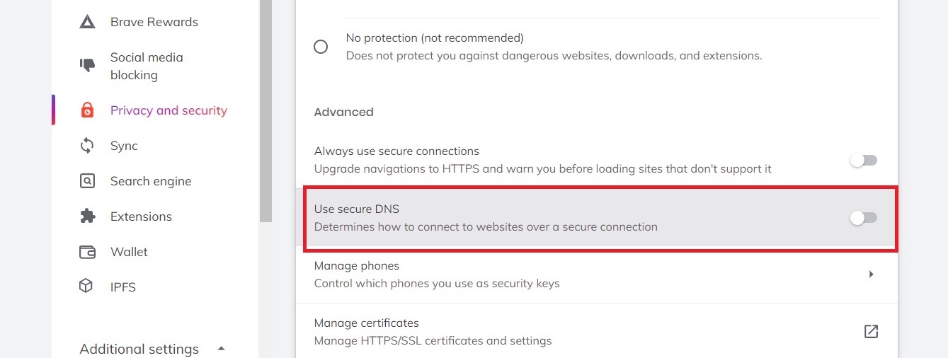 Brave computer use Secure DNS toggle button