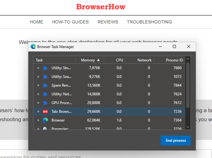 Browser Task Manager in Edge browser