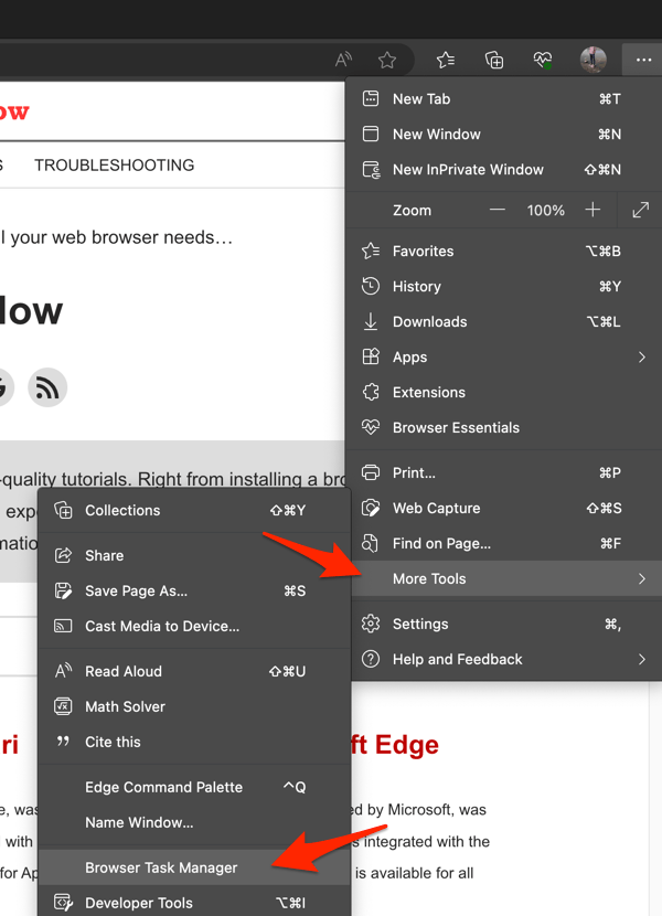 Browser Task Manager under More Tools in Edge browser
