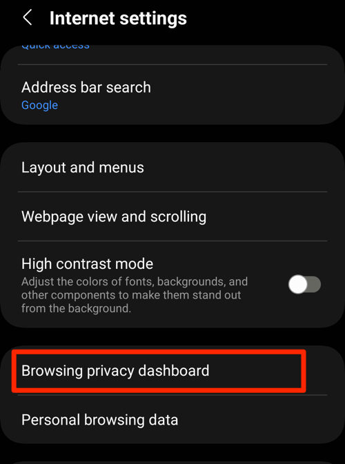 Browsing Privacy Dashboard menu in Samsung Internet