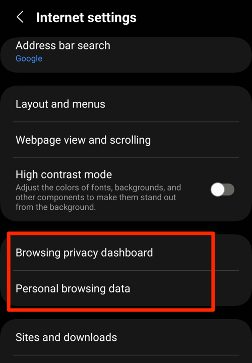 Browsing privacy Dashboard and Personal browsing data option in Samsung Internet settings page
