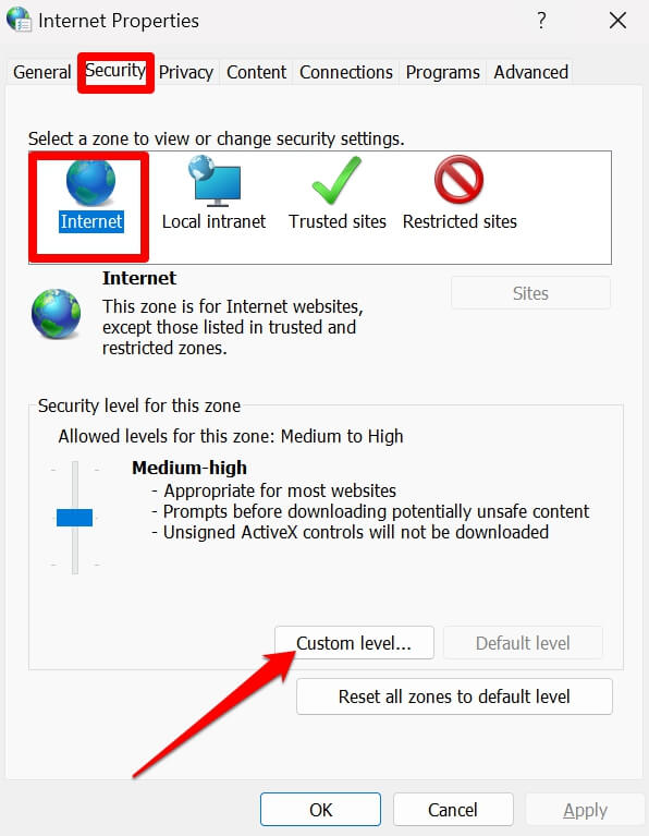Change Security Level in Internet Properties on Windows PC