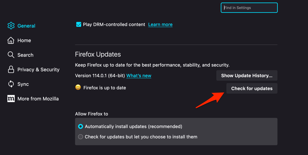 Check for update button on Firefox browser General settings