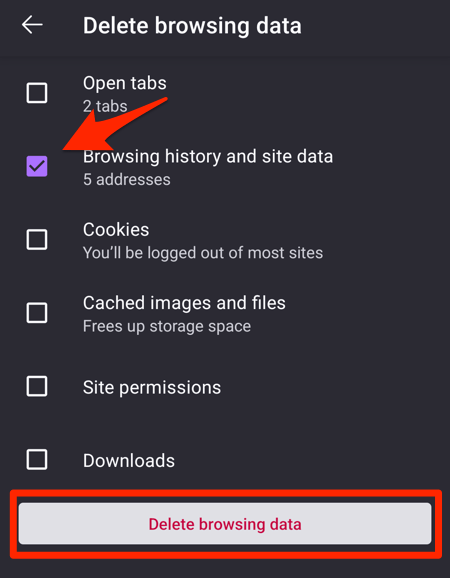Checkbox enabled for browsing history and site data for Delete browsing data page on Firefox app